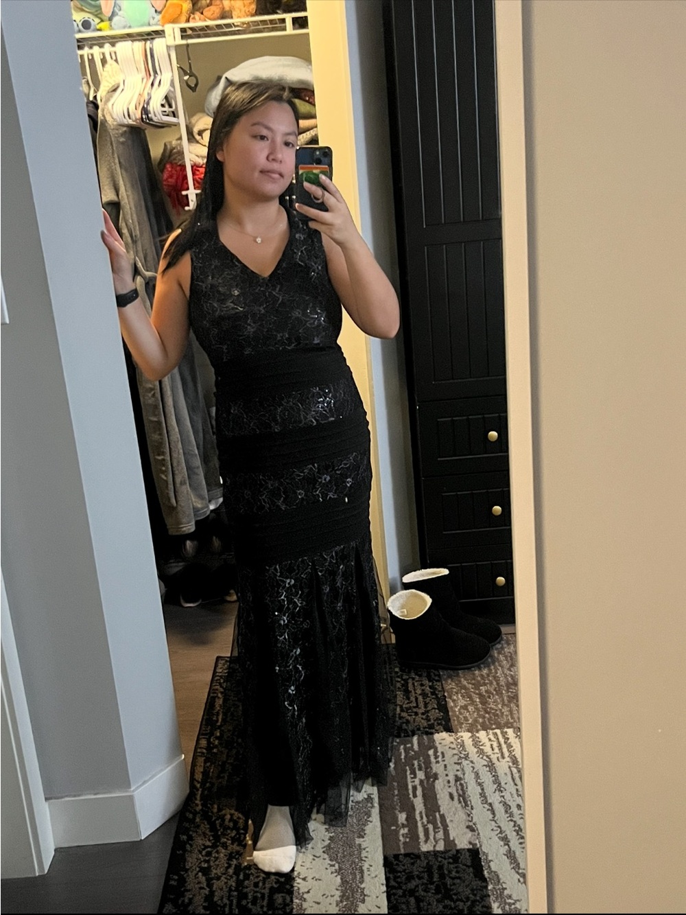 Black Lace Maxi Dress with V-Neck